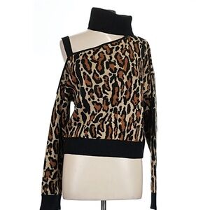 NBD Leopard Print Asymmetric Turtleneck Sweater - Black & Brown